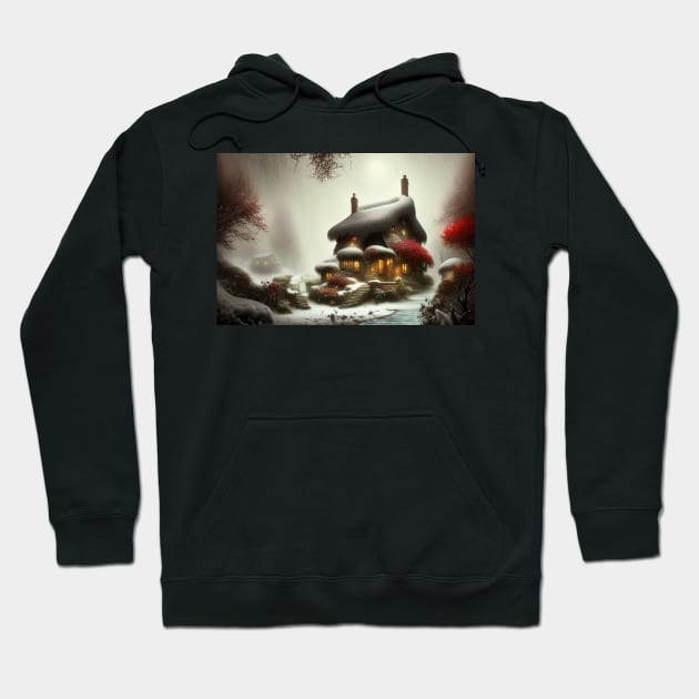 Magical Fantasy House with Lights in a Snowy Scene, Fantasy Cottagecore artwork Hoodie by Promen Art